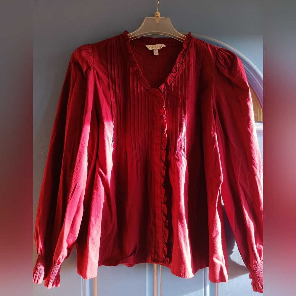 Crown & Ivy Red Ruffle-Trim Pintuck Blouse